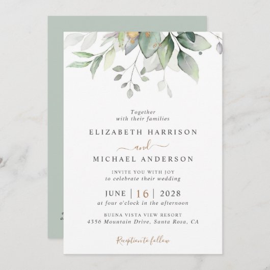 Elegant Eucalyptus Greenery QR Code Wedding Einladung (Vorne/Hinten)