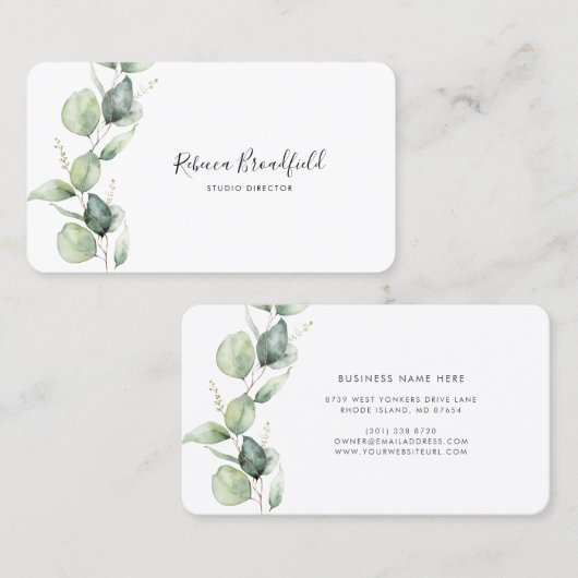 Elegant Eucalyptus Greenery Script Beauty Salon Visitenkarte (Vorne/Hinten)