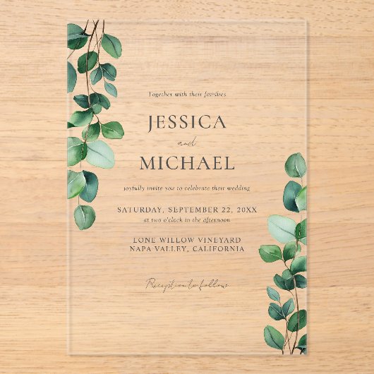 Elegant Eucalyptus Greenery Wedding Acryleinladungen (Vorderseite)