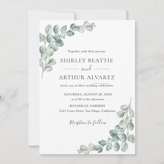 Elegant Eucalyptus Greenery Wedding Einladung (Vorderseite)