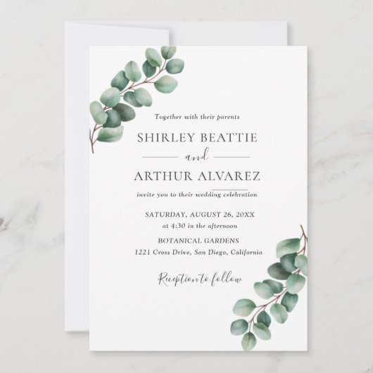 Elegant Eucalyptus Greenery Wedding Einladung (Vorderseite)