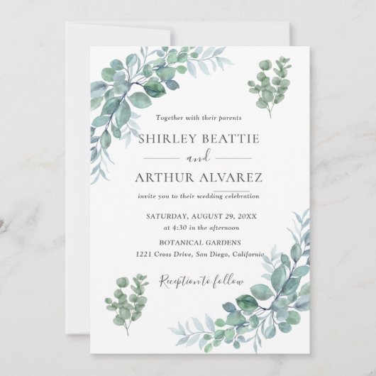 Elegant Eucalyptus Greenery Wedding Einladung (Vorderseite)