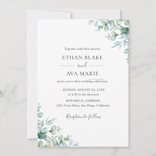 Elegant Eucalyptus Greenery Wedding Invitation Einladung (Vorderseite)