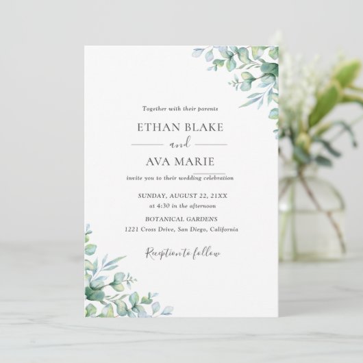 Elegant Eucalyptus Greenery Wedding  Invitation Einladung (Stehend Vorderseite)