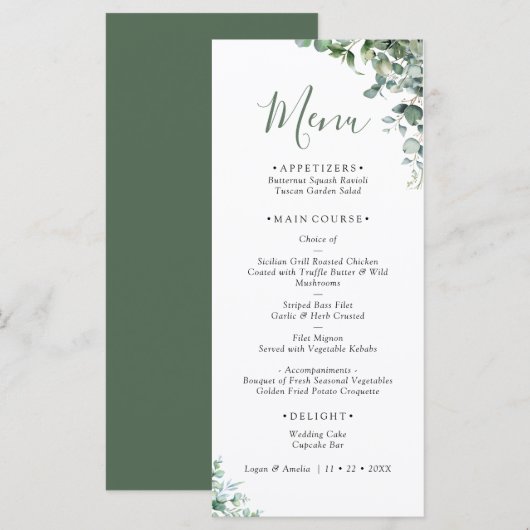 Elegant Eucalyptus Greenery Wedding Menu Menükarte (Vorne/Hinten)