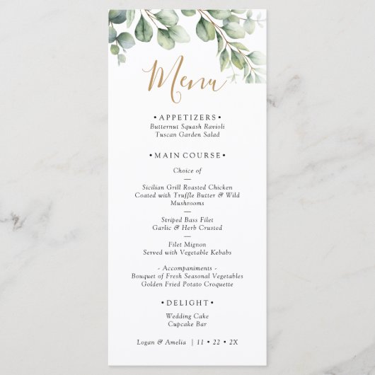 Elegant Eucalyptus Greenery Wedding Menükarte (Vorderseite)