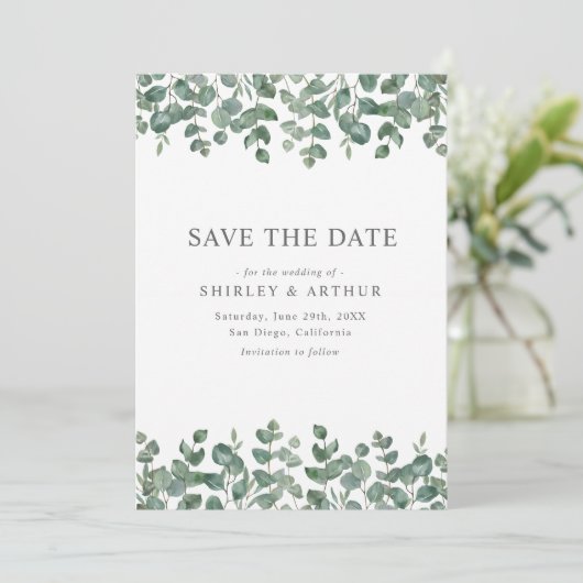 Elegant  Eucalyptus Greenery Wedding Save The Date (Stehend Vorderseite)