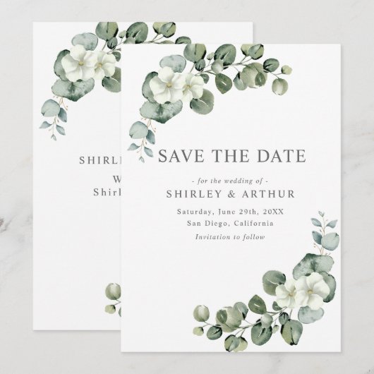 Elegant  Eucalyptus Greenery Wedding Save The Date (Vorne/Hinten)