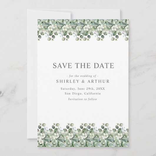 Elegant Eucalyptus Greenery Wedding Save The Date (Vorderseite)