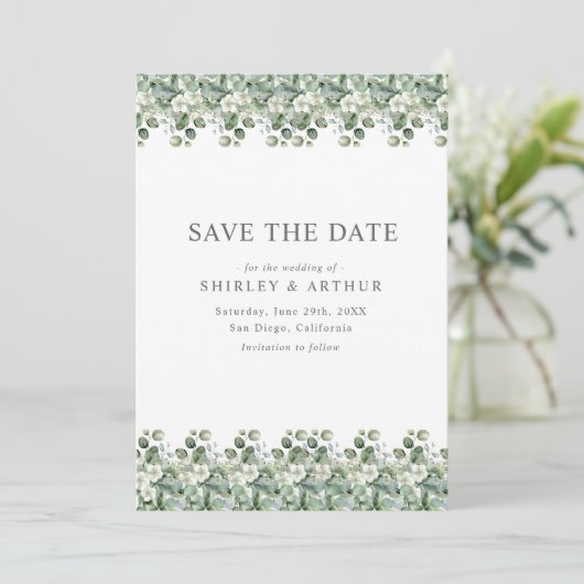 Elegant Eucalyptus Greenery Wedding Save The Date (Stehend Vorderseite)