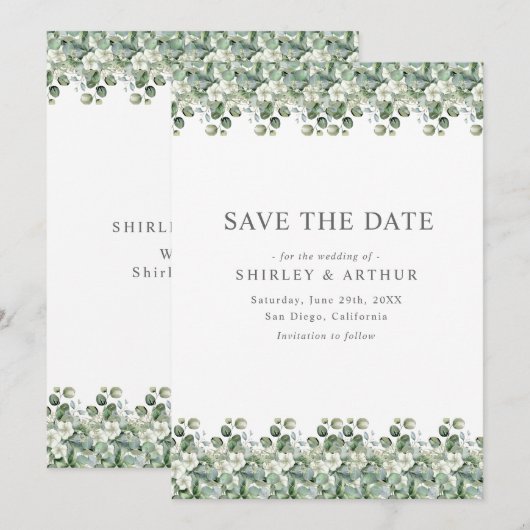 Elegant Eucalyptus Greenery Wedding Save The Date (Vorne/Hinten)