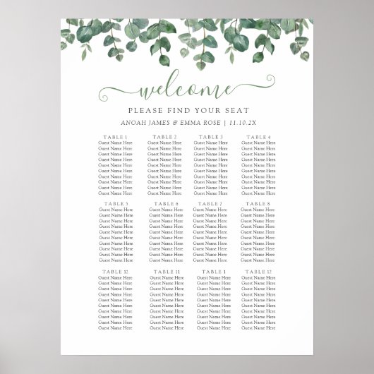 Elegant Eucalyptus Greenery Wedding Seating Chart Poster (Vorne)