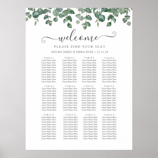 Elegant Eucalyptus Greenery Wedding Seating Chart Poster (Vorne)