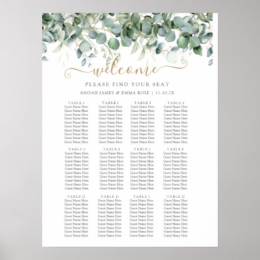 Elegant Eucalyptus Greenery Wedding Seating Chart Poster (Vorne)