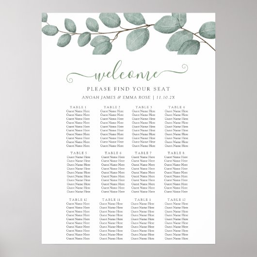 Elegant Eucalyptus Greenery Wedding Seating Chart Poster (Vorne)