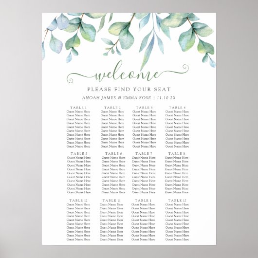 Elegant Eucalyptus Greenery Wedding Seating Chart Poster (Vorne)