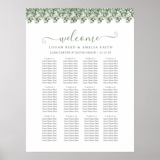 Elegant Eucalyptus Greenery Wedding Seating Chart Poster (Vorne)