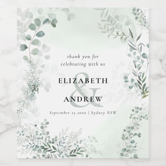 Elegant Eucalyptus Greenery Wedding Weinetikett (Einzelnes Label)