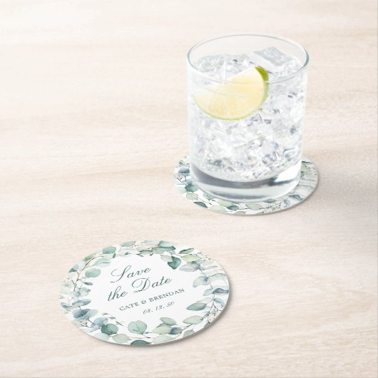Elegant Eucalyptus Greenery Wreath Save the Date Runder Pappuntersetzer (Vor Ort)