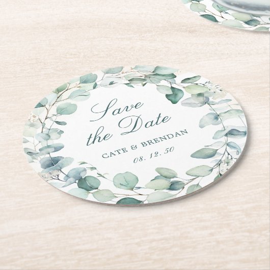 Elegant Eucalyptus Greenery Wreath Save the Date Runder Pappuntersetzer (Angewinkelt)