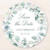 Elegant Eucalyptus Greenery Wreath Save the Date Runder Pappuntersetzer (Vorderseite)