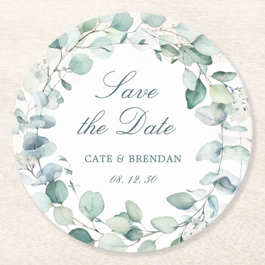Elegant Eucalyptus Greenery Wreath Save the Date Runder Pappuntersetzer (Vorderseite)