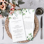 Elegant eucalyptus grün Hochzeit danke Menükarte<br><div class="desc">Dieses individuell gestaltete Hochzeitsmenü, das mit der Kollektion "Airy Eukalyptus and Gold Elegant Wedding" abgestimmt wurde, eignet sich perfekt für einen stilvollen und eleganten Ehe-Empfang. Das moderne und luftige Bouquet mit Eukalyptus-Blätter und zarten, sanften Grünpflanzen und goldenen Flecken (gedruckt) ist leicht mit den Namen der Braut und des Bräutigam, dem...</div>
