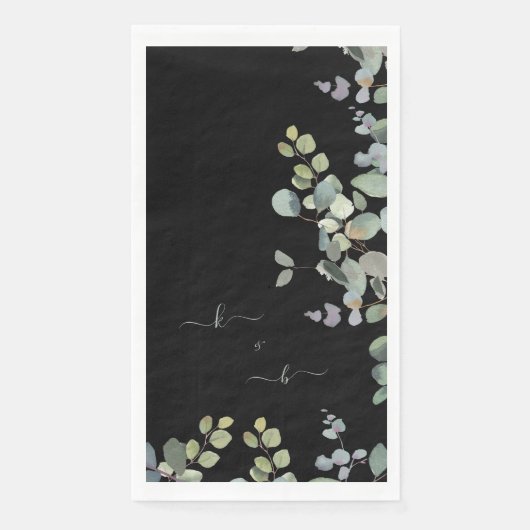 Elegant Eucalyptus Initials Black Serviette (Vorderseite)