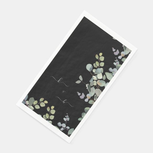 Elegant Eucalyptus Initials Black Serviette (Ecke)