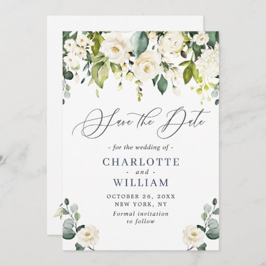 Elegant Eucalyptus Ivory White Roses Wedding Save The Date (Vorne/Hinten)
