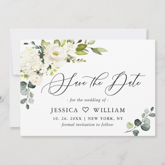 Elegant Eucalyptus Ivory White Roses Wedding Save The Date (Vorderseite)