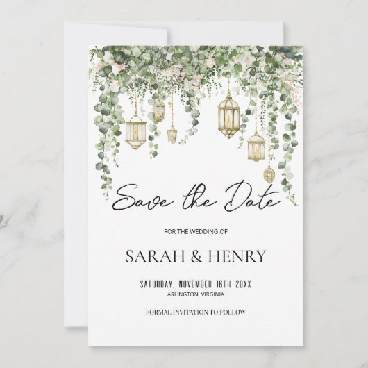 Elegant Eucalyptus Lantern Save the Date   Einladung (Vorderseite)