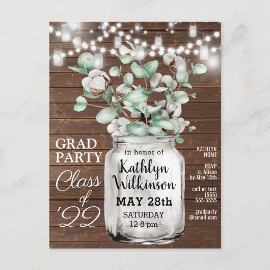 Elegant Eucalyptus Mason Jar GRAD Foto Einladung Postkarte (Vorderseite)