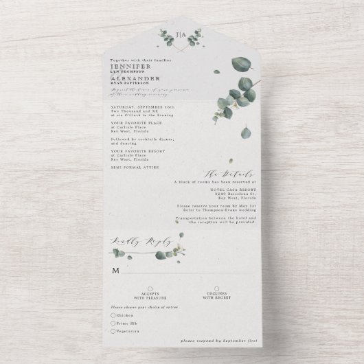 Elegant Eucalyptus Monogram Wedding All In One Einladung (Innen)