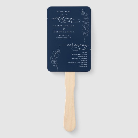 Elegant Eucalyptus Navy Blue Wedding Program Fächer (Vorderseite)