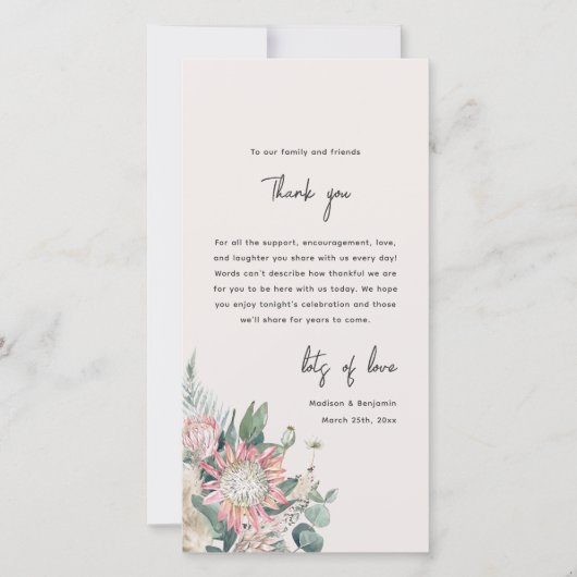 Elegant Eucalyptus Pampas Grass Protea Wedding Dankeskarte (Vorderseite)