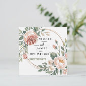 Elegant Eucalyptus Peach Floral Save The Date (Stehend Vorderseite)