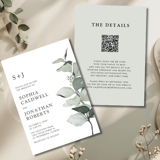 Elegant Eucalyptus QR Code Sage Wedding Einladung