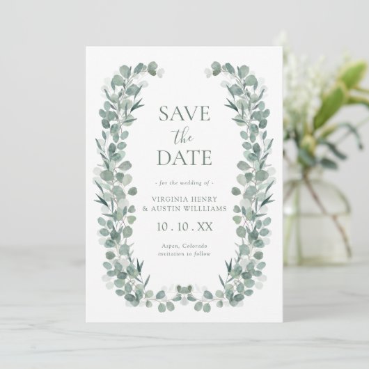 Elegant Eucalyptus Save The Date (Stehend Vorderseite)