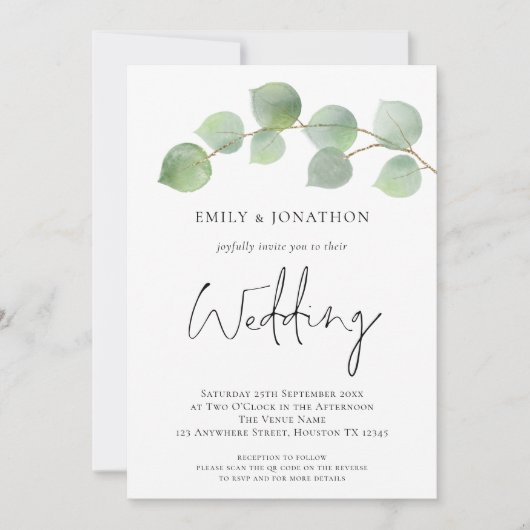 Elegant Eucalyptus Script 3 Foto QR Code Wedding Einladung (Vorderseite)