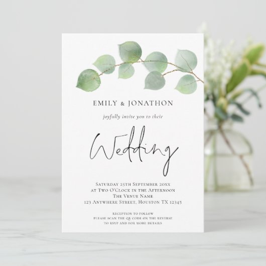Elegant Eucalyptus Script 3 Foto QR Code Wedding Einladung (Stehend Vorderseite)