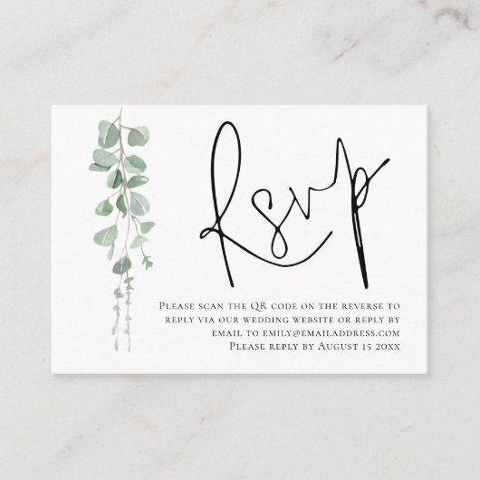 Elegant Eucalyptus Script QR Code Wedding RSVP Begleitkarte (Vorderseite)