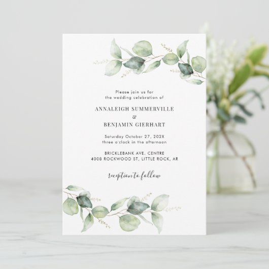 Elegant Eucalyptus Script Wedding Einladung (Stehend Vorderseite)