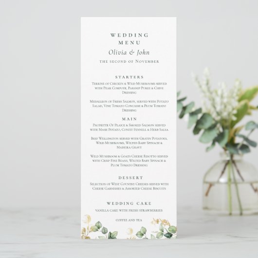 Elegant Eucalyptus Script Wedding Menükarte (Stehend Vorderseite)