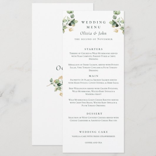Elegant Eucalyptus Script Wedding Menükarte (Vorne/Hinten)