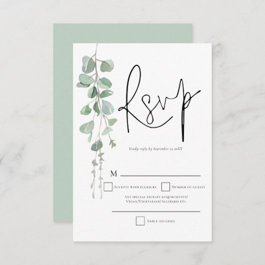 Elegant Eucalyptus Script Wedding RSVP (Vorne/Hinten)