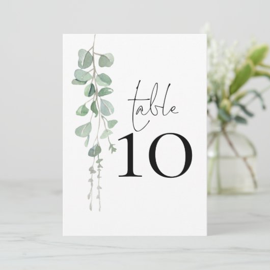 Elegant Eucalyptus Script Wedding Tischnummer (Stehend Vorderseite)