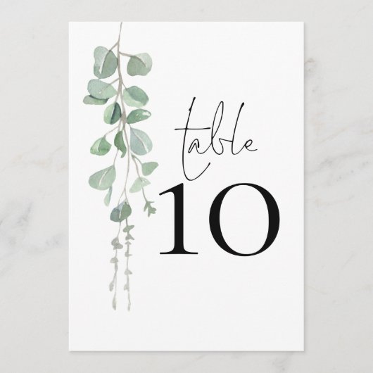 Elegant Eucalyptus Script Wedding Tischnummer (Vorderseite)