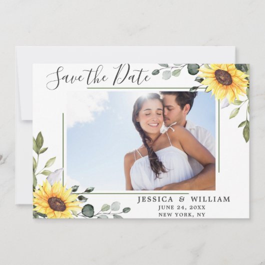 Elegant Eucalyptus Sonnenblumen FOTO Hochzeit Save The Date (Vorderseite)