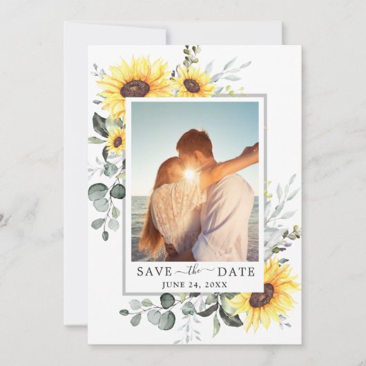 Elegant Eucalyptus Sonnenblumen FOTO Hochzeit Save The Date (Vorderseite)
